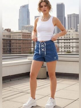VTG 90s/Y2K 5-7-9 Lace Up Denim Shorts with Butterfly Embroidery - Size 7